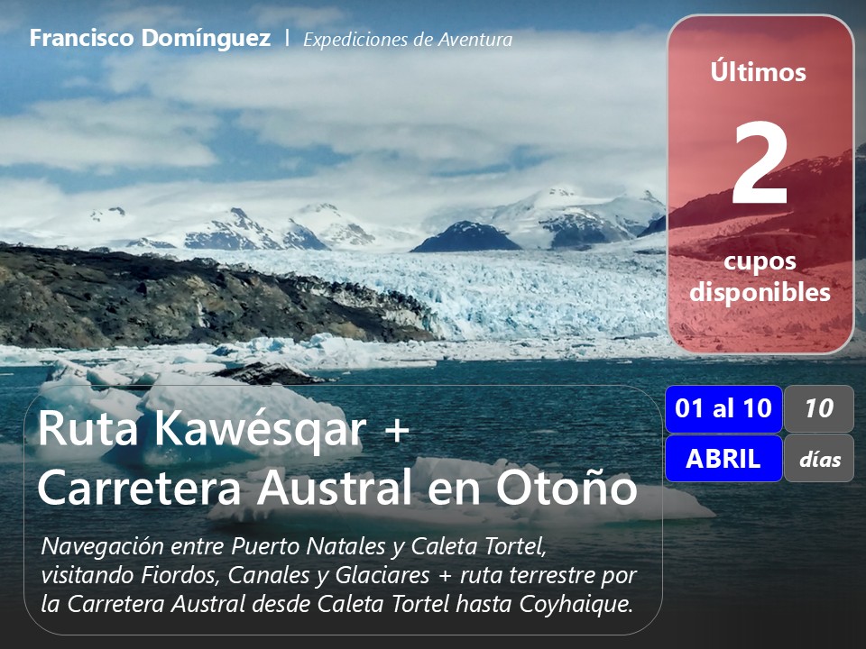 Últimos 2 cupos‼️

👉🏽 Disponible la última habitación para 2 personas (1 cama matrimonial)...y se completa este viaje a navegar por glaciares, firodos y canales australes 🛥️y después, recorrer la Carretera Austral entre Caleta Tortel y Coyhaique.

⭕ ¿te interesa esta aventura diseñada para conocer lugares remotos de nuestra Patagonia Austral?