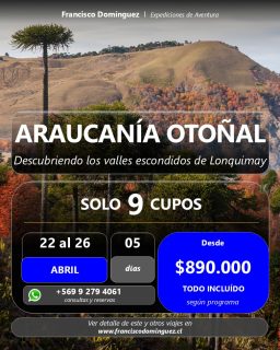 🍂 ARAUCANÍA OTOÑAL: Expedición Valles de Lonquimay 🍂

¿Buscas los colores más intensos de este otoño? Te invito a una travesía exclusiva por los valles escondidos de la Araucanía, donde los bosques se tiñen de rojo y el paisaje se vuelve irreal.

🔴 SÓLO 9 CUPOS: grupo reducido para garantizar una experiencia de montaña auténtica, íntima y con atención personalizada.

🗓 CUÁNDO: 22 al 26 de Abril.
📍 DESTINO: Lonquimay, Región de la Araucanía.
💰 VALOR: $890.000 (Programa Todo Incluido según el Programa).

¿Qué incluye la expedición?
✅ Alojamiento en Lonquimay.
✅ Alimentación completa.
✅ Traslados en vehículos 4x4 con guias/chofer.
✅ Guías expertos y logística de montaña.

🏔 ¡No te quedes fuera! El otoño en la Araucanía es breve y se agota rápido.

📲 Pideme el itinerario detallado enviándome un mensaje directo.

🌐 Más detalles en: www.franciscodominguez.cl